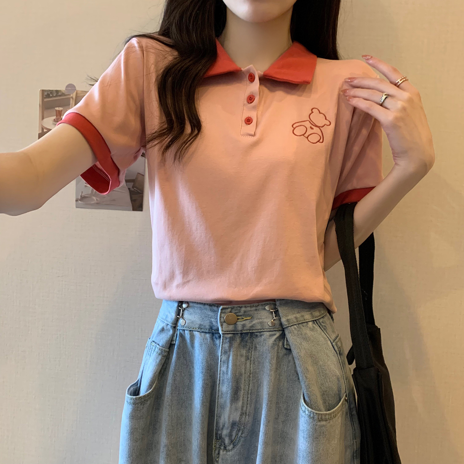 Real shot 1*1 thread quality short-sleeved T-shirt for women's summer 2025 short embroidered lapel top large size women's clothing