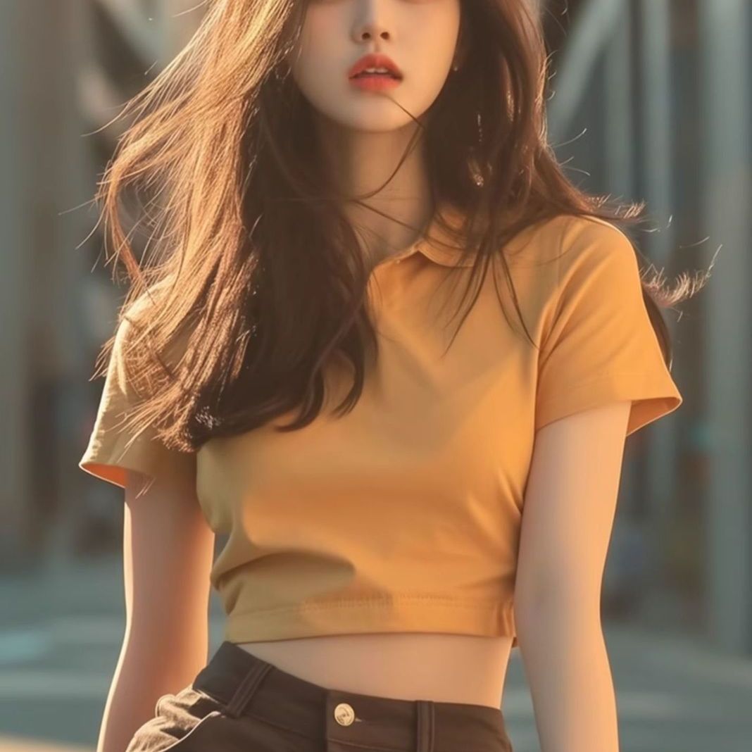 Pure erotic top polo neck short-sleeved T-shirt in summer slim new design, sweet and hot girl looks slim and short...