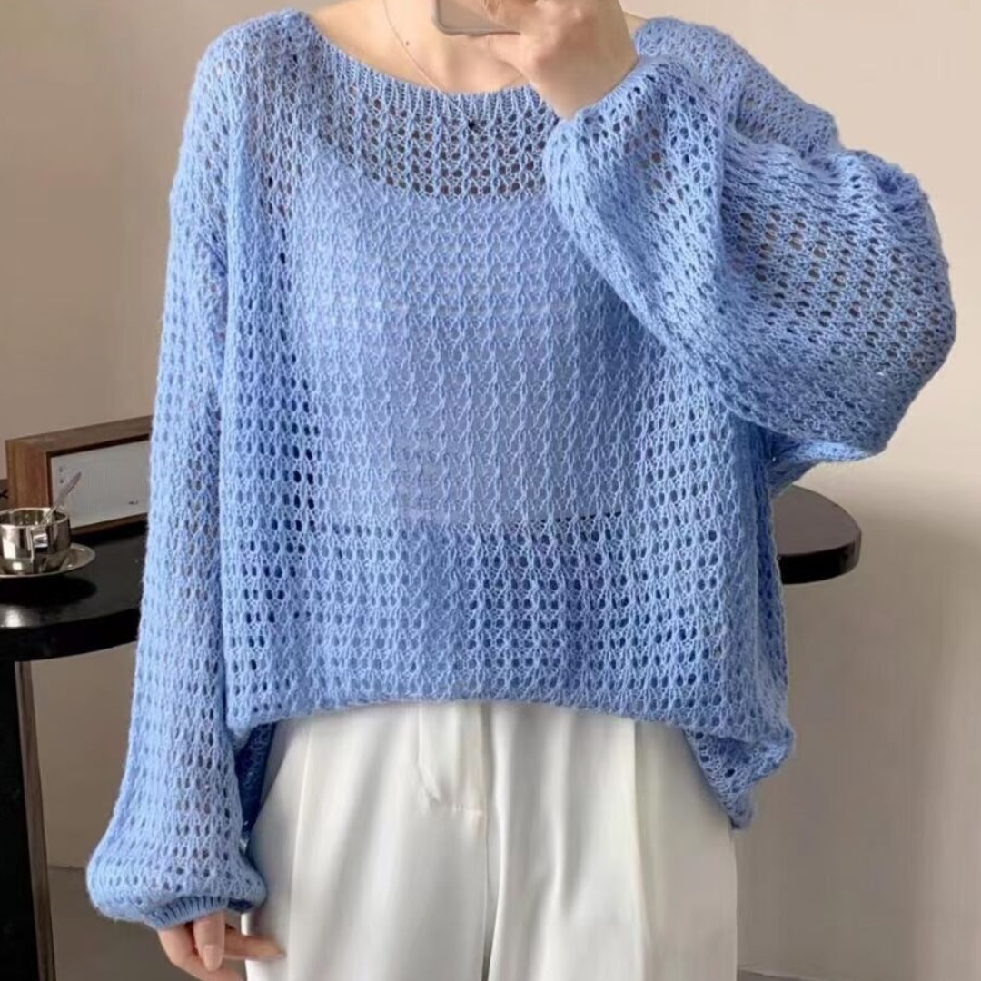 Fashionable hollow long-sleeved sweater for women in autumn new style breathable loose casual design round neck sun protection top trendy