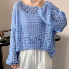 Fashionable hollow long-sleeved sweater for women in autumn new style breathable loose casual design round neck sun protection top trendy