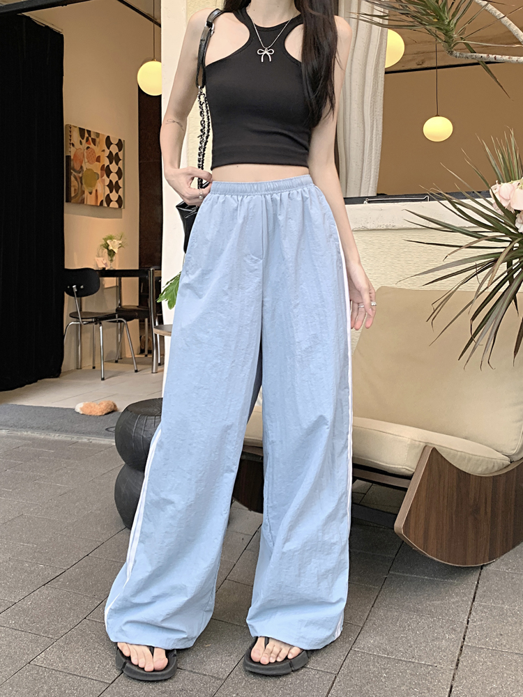 Real photo of American retro contrasting color design sense casual work pants women's summer high-waist drawstring sports pants wide-leg pants