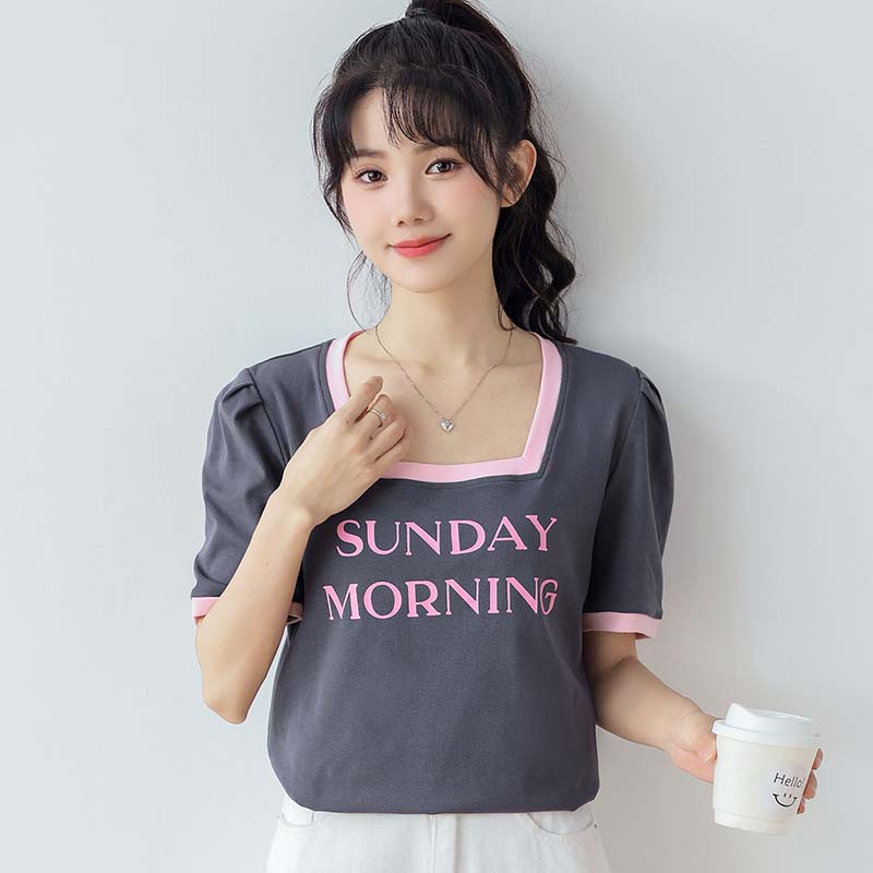 Real shot 1*1 threaded short-sleeved T-shirt for women's summer 2025 edge-printed trendy Korean round neck new top large size women's clothing