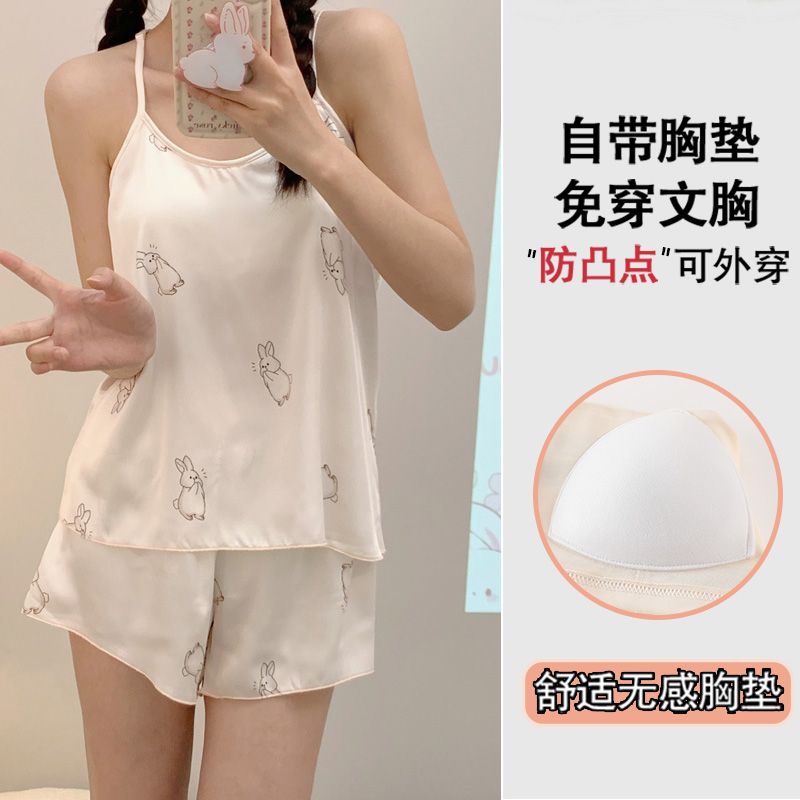 Summer ice and snow ribbon chest pad sexy suspender shorts pajamas women's suit home clothes