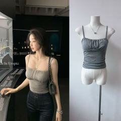 ACHI Dayechi gray chest pad cotton pleated suspender vest women's short sexy slim fit versatile inner top