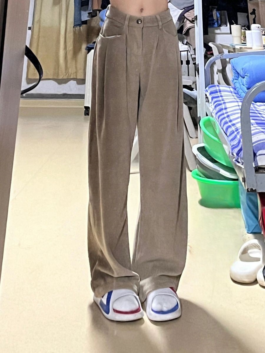 Original fabric khaki wide-leg straight-leg pants for women 2025 early spring new high-waist casual trousers