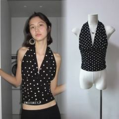 minnixi 2025 summer new V-neck sleeveless polka dot suspender vest female hottie slim neck halter top
