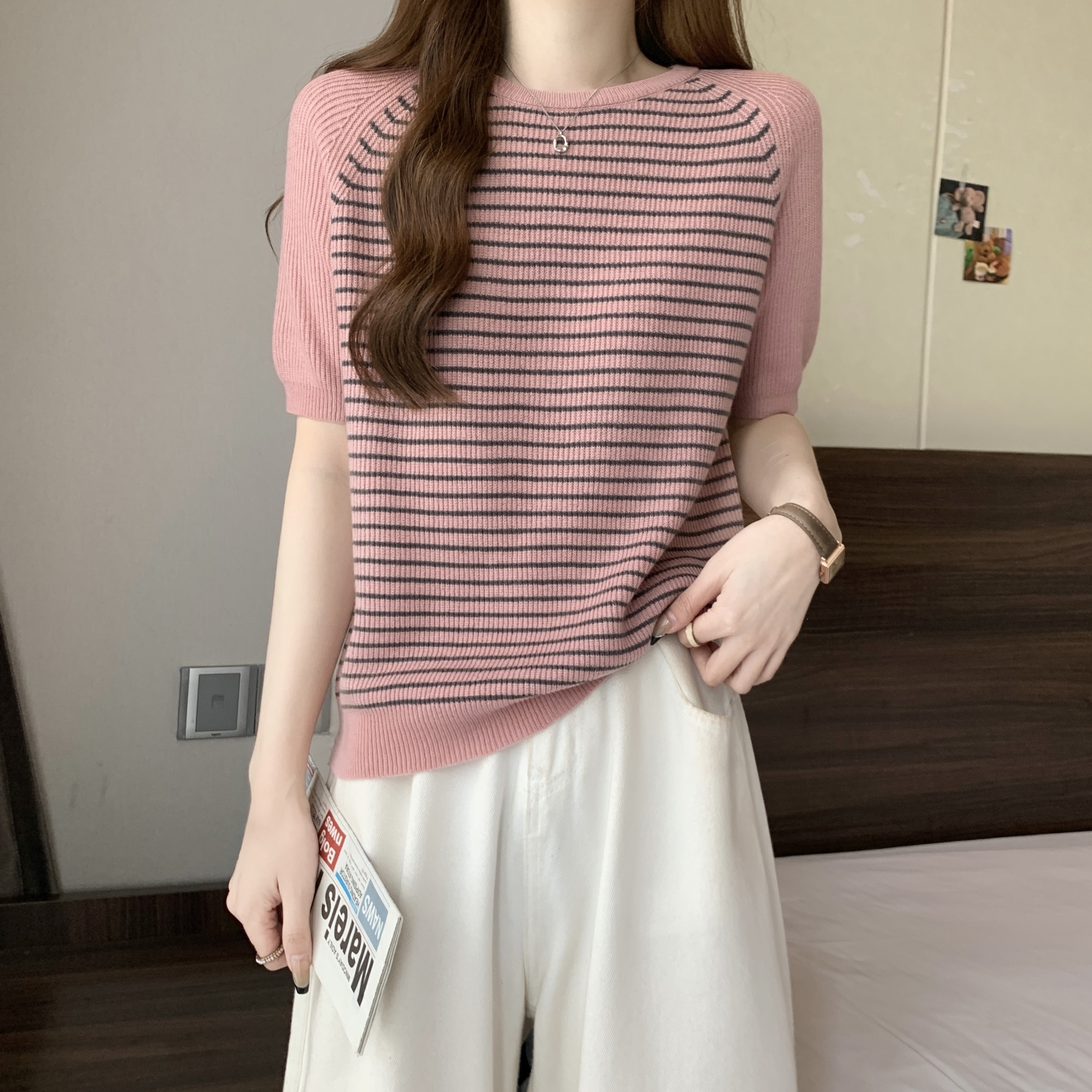 Real shot~Large size fat MM new summer simple and versatile loose round neck striped sweater top