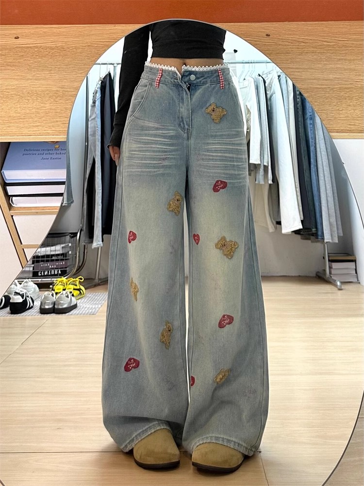 Retro high-end bear patch washing jeans 2025 spring and summer new loose slim floor pants