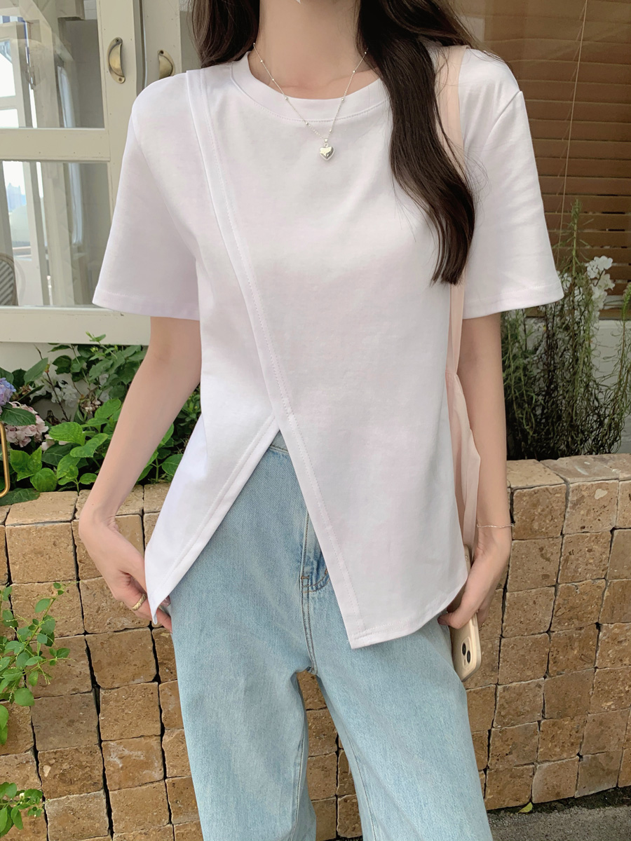 Real-life pure cotton short-sleeved T-shirt for women in summer loose and slim and versatile irregular slit half-sleeved top