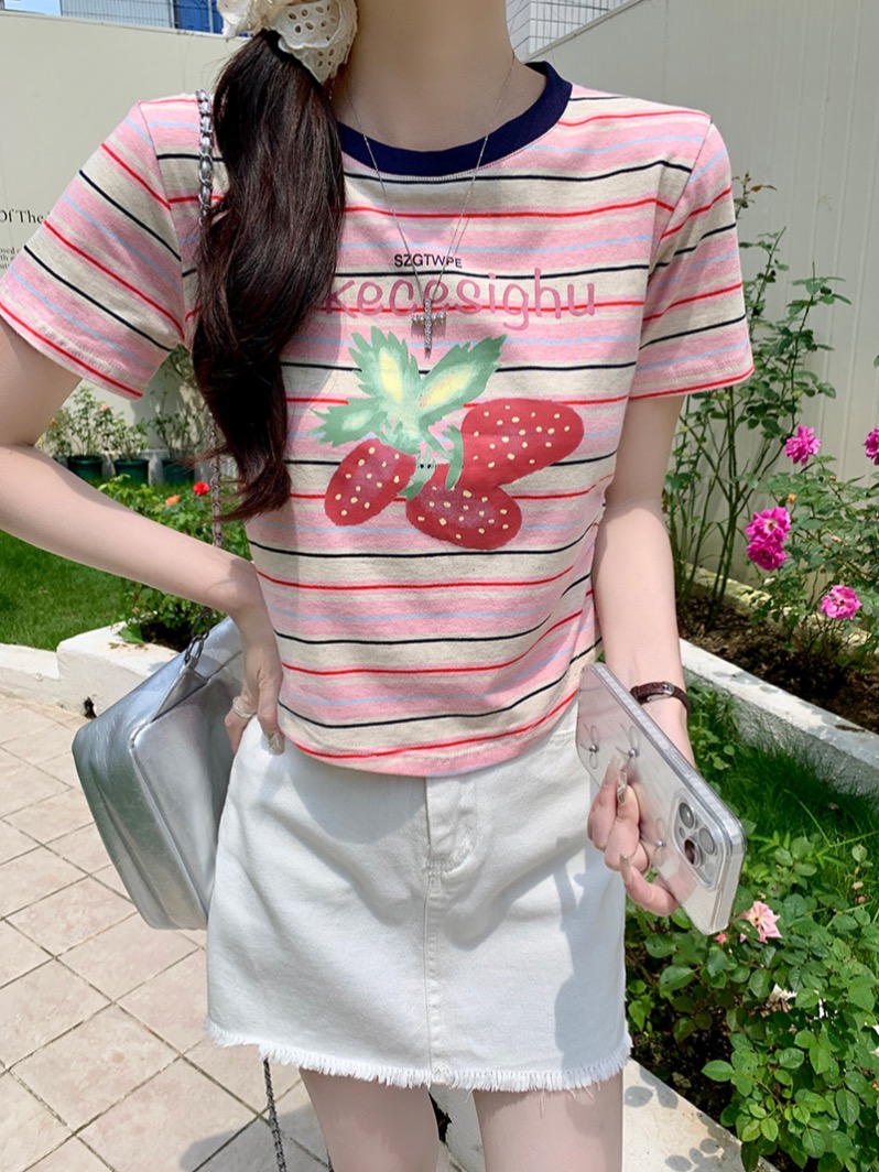 Real shot short-sleeved T-shirt summer 2025 design sense striped print shoulder slim short round neck top Korean women's clothing