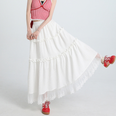 Real shot of gentle style black ears with lace spliced ​​high waist skirt for women new A-line slim and drooping long skirt