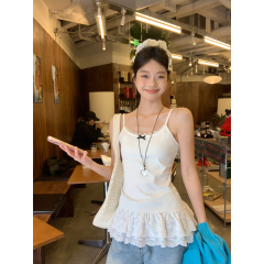 White bow suspender vest for women in spring lace lace hem slim layered inner top