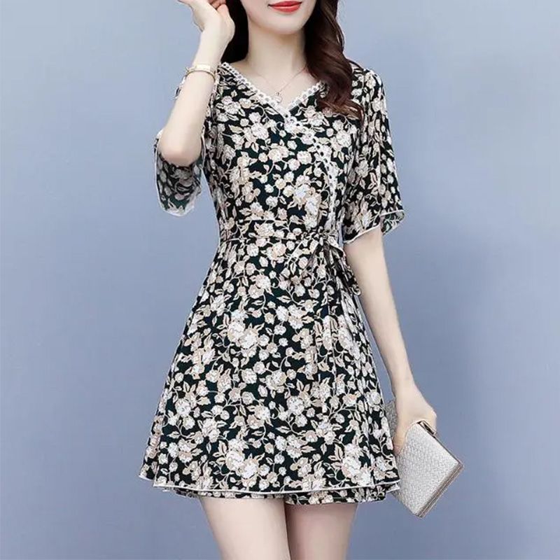 French high-end fashion two-piece suit for women in summer American waist-closing and slimming floral tea skirt fashion suit