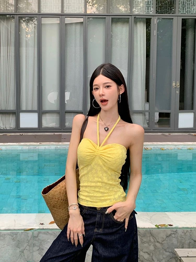 Cchun Junko Summer Dopamine Yellow Floral Design Hot Girls Strap Breast Beaded Strap Top