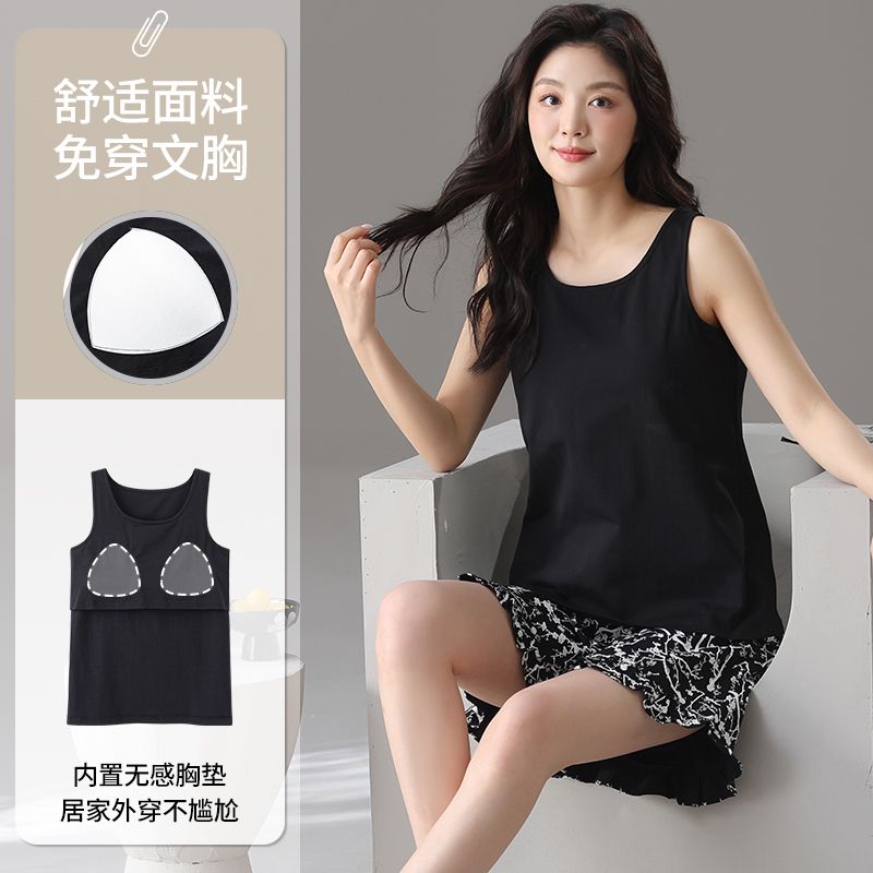 Summer pure cotton with chest pad vest shorts pajamas women's suit comfortable and casual home clothing