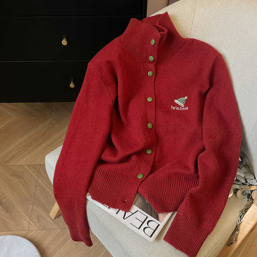 Arctic velvet turtleneck thickened New Year red knitted cardigan for women 2025 spring new high-end sweater jacket