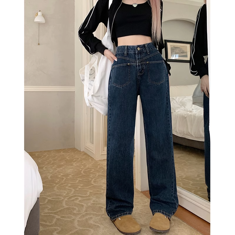 Straight jeans for women in spring 2025 new high-waisted large size slimming and fat mm wide-leg pants KX