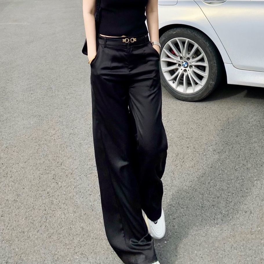 Drooping acetic acid wide-leg pants in summer high-waisted trousers with belt versatile satin loose casual slimming pants for women