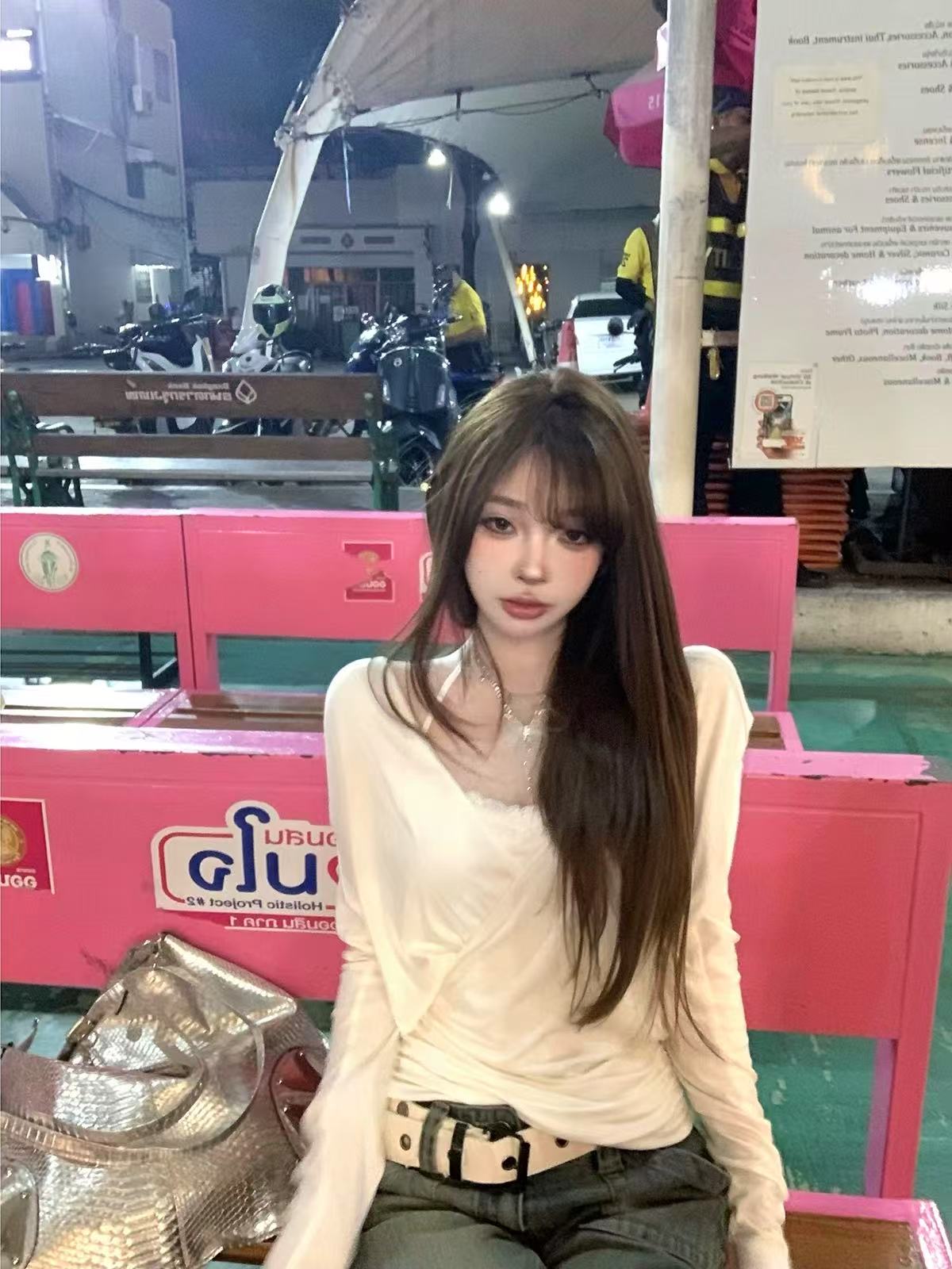 Suuuuicee Full Sugar Barry Pure Enjoy Large Neck V-neck Waist Long Sleeve Top Lace Horticulture Sling Set