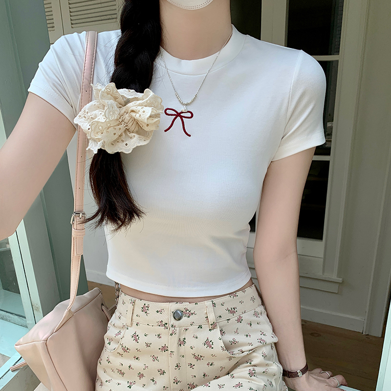 Real shot 1*1 thread 260g short-sleeved T-shirt summer 2025 trendy shoulder slim short round neck top Korean women's clothing