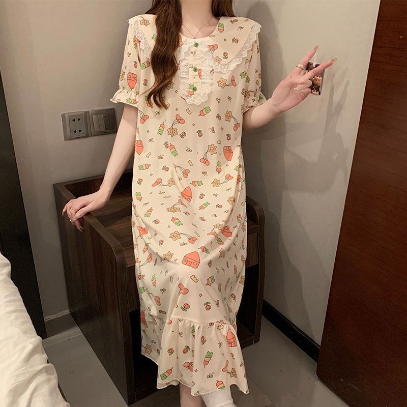 Summer imitation cotton round neck lace lace short-sleeved nightgown female princess style sweet home clothes skirt