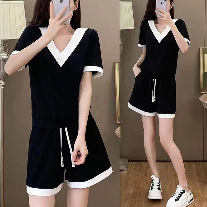 Imitation cotton milk silk 2025 new sports suit T-shirt shorts suit women's summer shortsleeved two-piece set trendy