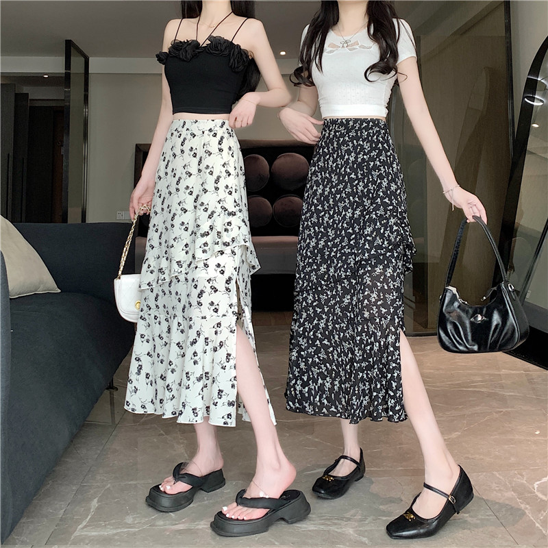 Spring and summer skirt floral skirt high waist slim splicing cake skirt versatile mid-length skirt