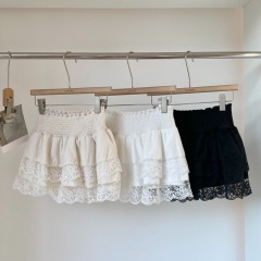 Lace spliced ​​elastic waist fluffy skirt for women in autumn and winter Korean style versatile slim cake short skirt