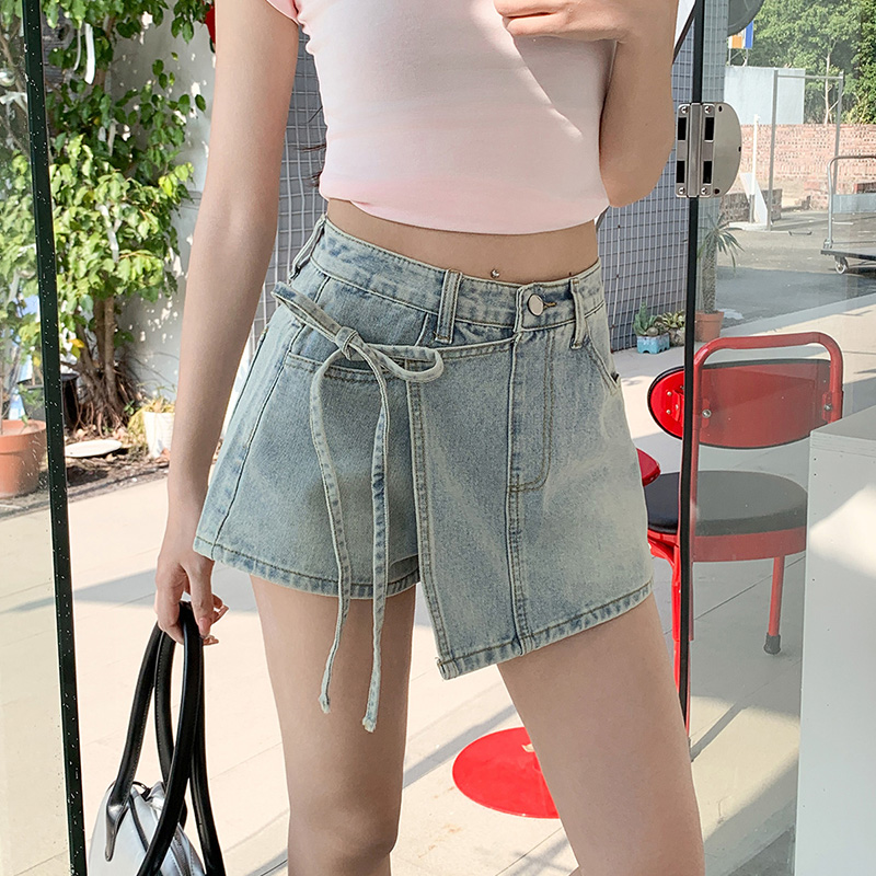 2025 summer new fake two-piece denim shorts for women straps with irregular design A-line hot girls loose skirt pants