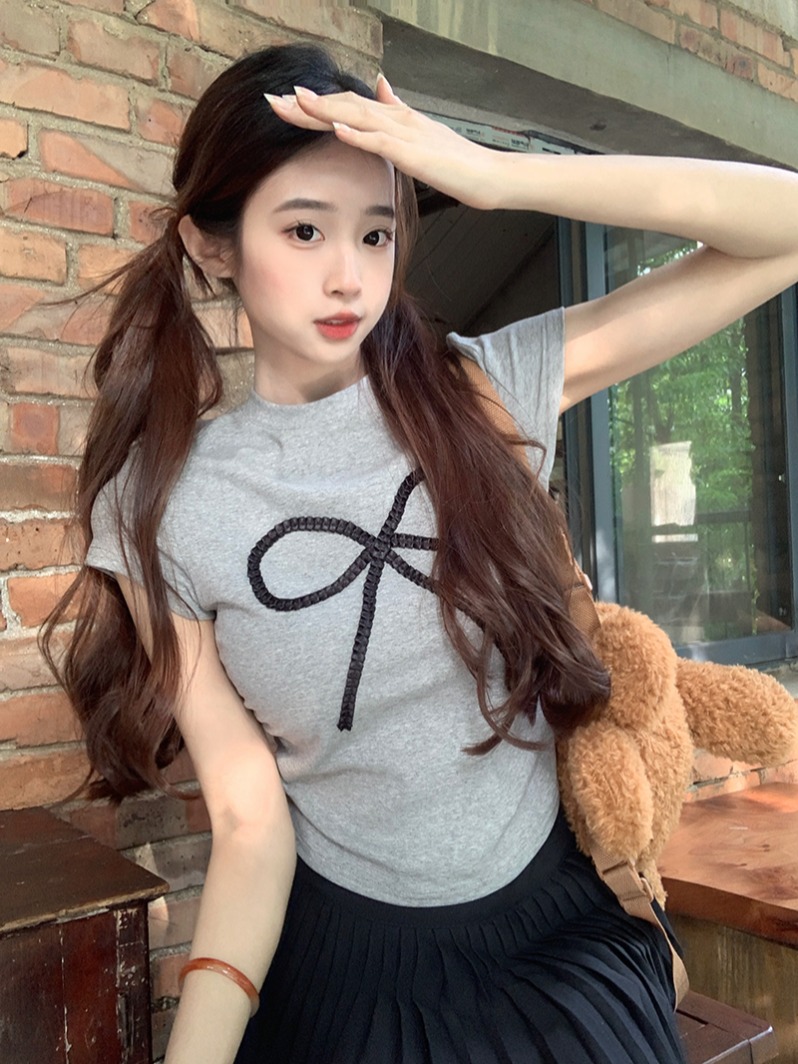 Real shot 1*1 thread 210g short-sleeved T-shirt summer 2025 trendy embroidered front shoulder slim short round neck top for women