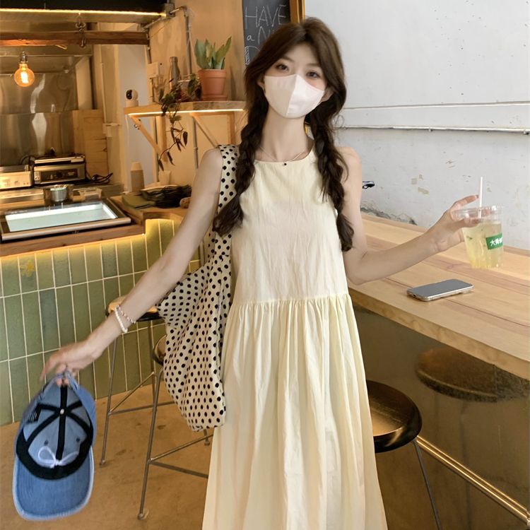 Gentle style French waist vest dress Korean small sleeveless dress women's summer temperament long skirt