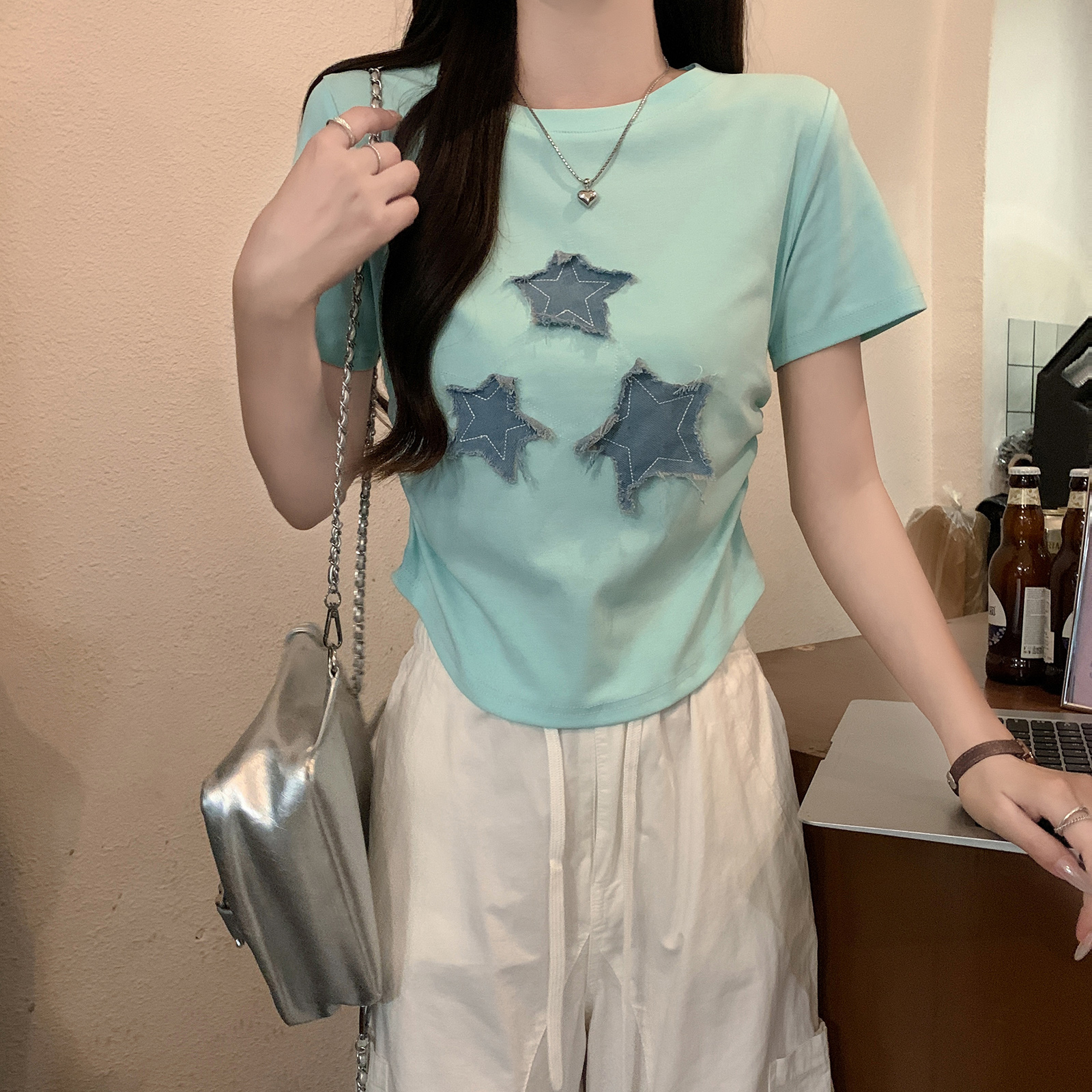 Real shot 1*1 thread 210g short-sleeved T-shirt summer 2025 trendy embroidered slim short round neck top Korean women's clothing