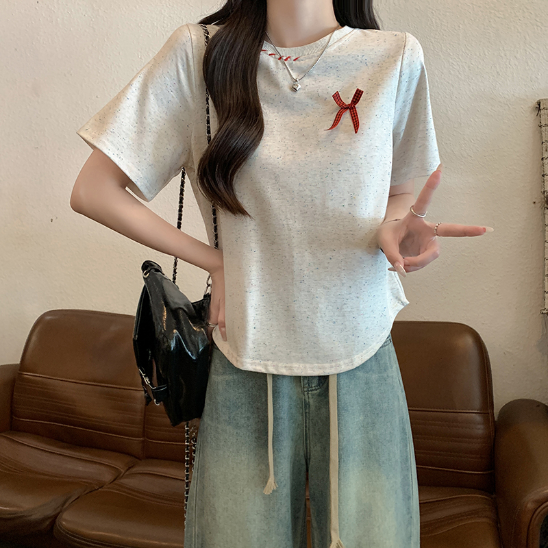 Real shot of 230g color cotton short-sleeved T-shirt summer 2025 trendy embroidered front shoulder slim short round neck top Korean women's clothing
