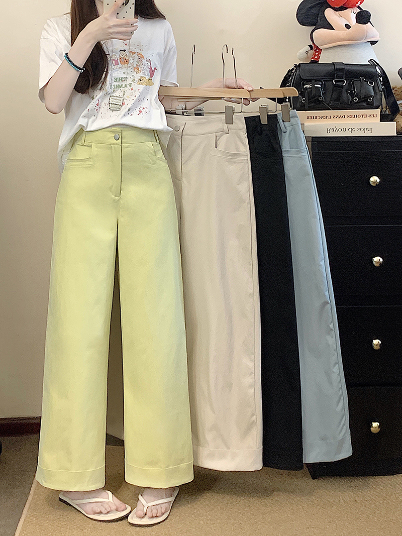 Real shot of high-end casual pants for women in spring solid color pants straight pants loose high waist slimming drooping nine-point pants