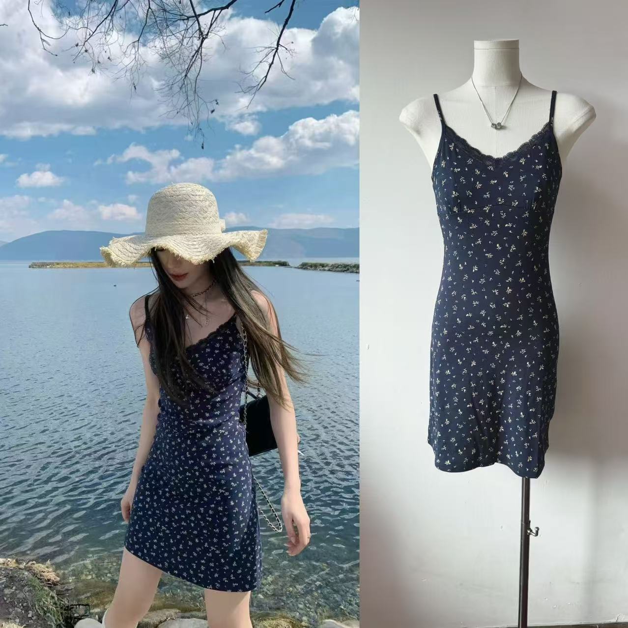 Hhyii swaying spring French floral dress women's spring and summer vacation style waist-hugging temperament suspender skirt short skirt