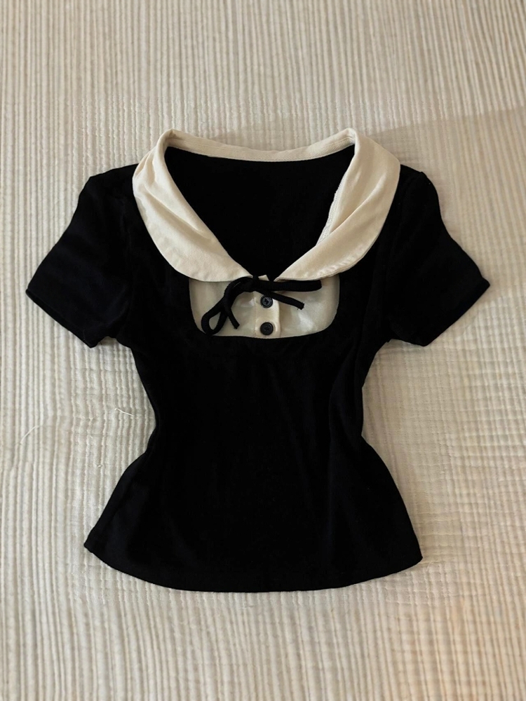40 pure cotton ~ 2025 black fake two-piece tops for women's spring and summer new short-sleeved strap design short style