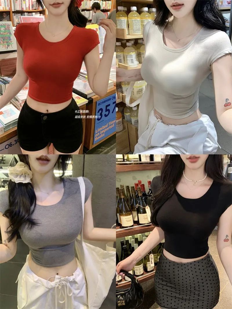 260g men's cotton red tight round neck short-sleeved T-shirt versatile elastic waist-retracting short navel-exposed shoulder top ins