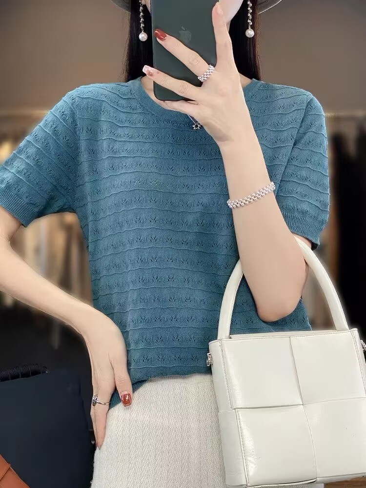 2025 new round neck hollow short-sleeved sweater for women in summer Korean style, versatile solid color loose slimming pure cotton top