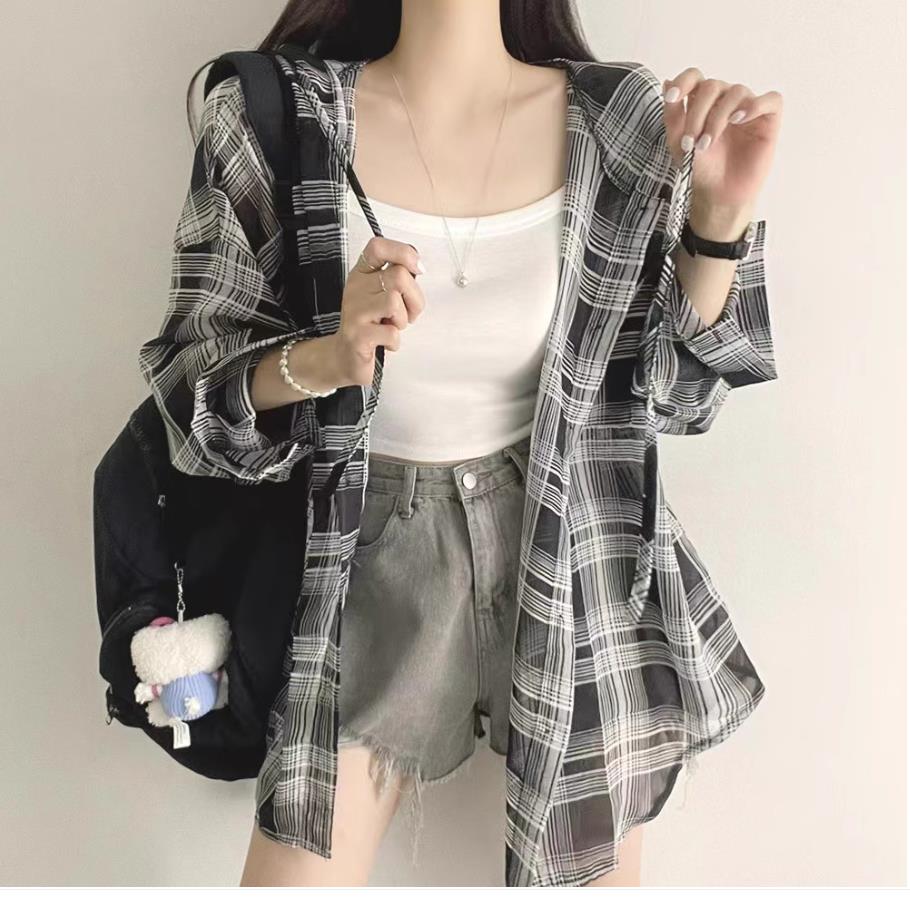 Summer lazy, loose, versatile design mid-length sunscreen jacket long-sleeved hooded plaid shirt