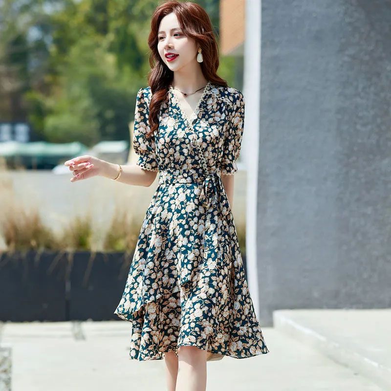 American style waist-hugging and slimming irregular skirt elegant temperament printed dress for women in summer high-end style floral skirt
