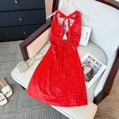 French retro red polka dot chic halter neck v-neck dress for women in summer sexy sweet and spicy backless waist short skirt