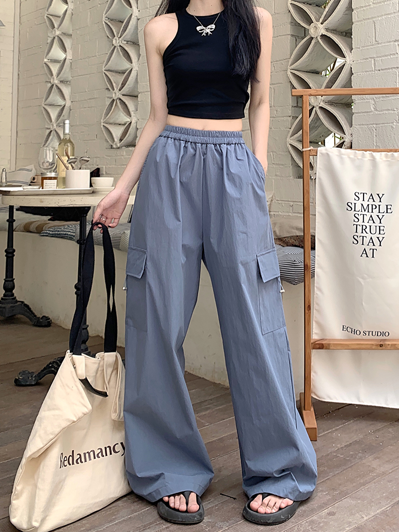 Real-life American retro solid color work pants for women in spring and summer high-waist design loose and slim wide-leg pants floor-slim pants