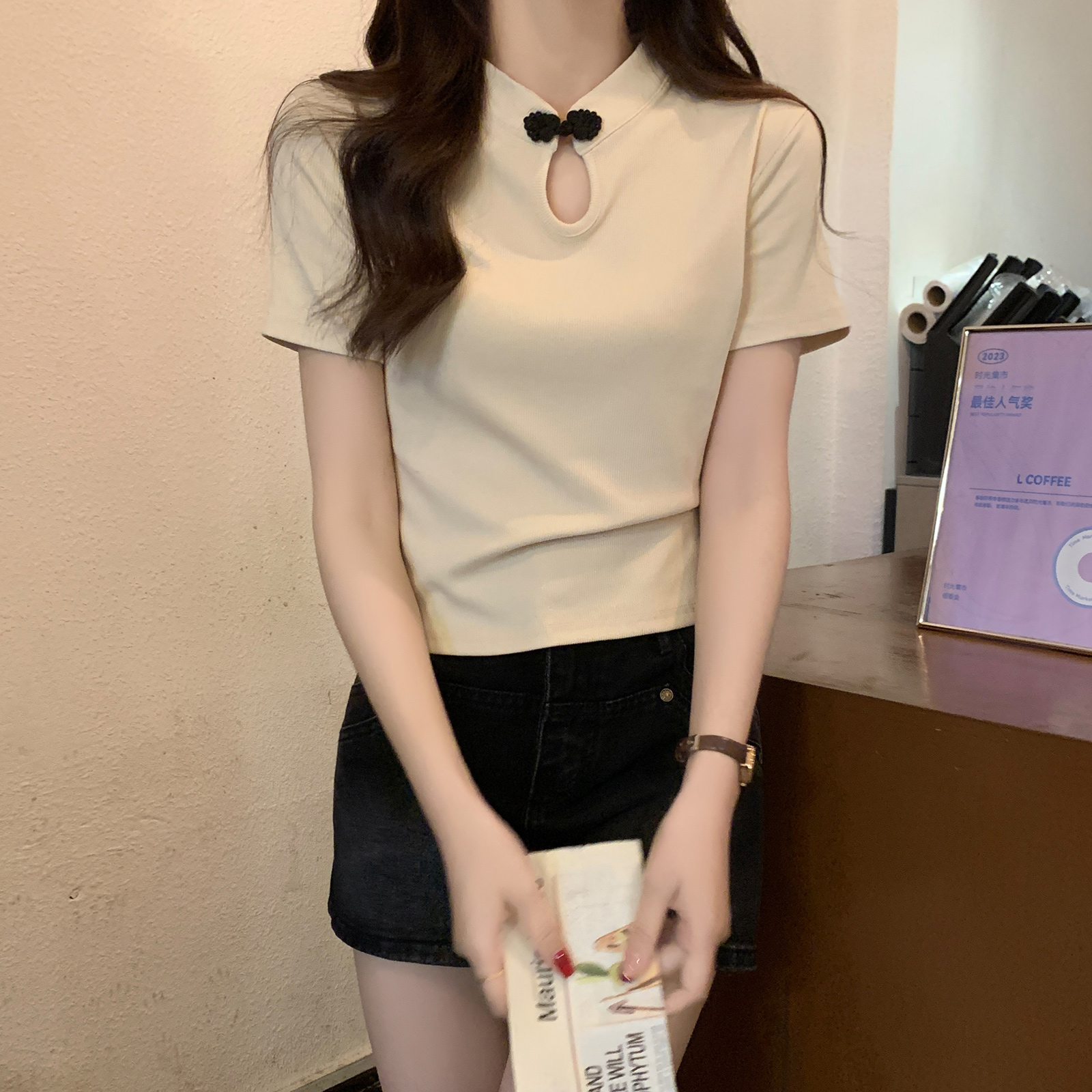 Real shot of new Chinese style 1*1 thread 210g short-sleeved T-shirt 2025 summer button slim shoulder solid color women's top