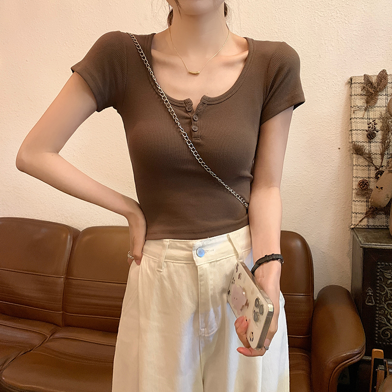 Real shot 2*2 threaded modal 260g women's summer 2025 slim and trendy shoulder short round neck top Korean women's clothing