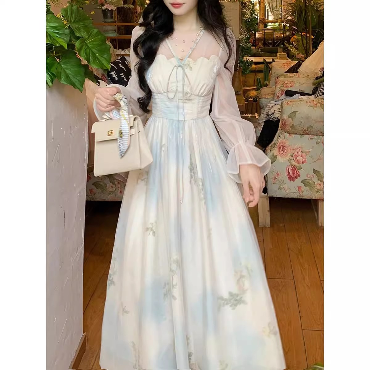 French elegant elegant lace-up V-neck printed dress design sense super fairy niche fashionable slim slim skirt