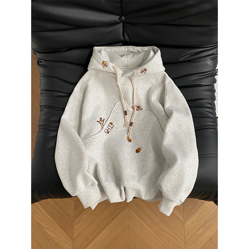 Real photo of pure cotton Hua cotton composite milk silk sweatshirt for women 2025 early spring new pocket thin embroidered hooded top