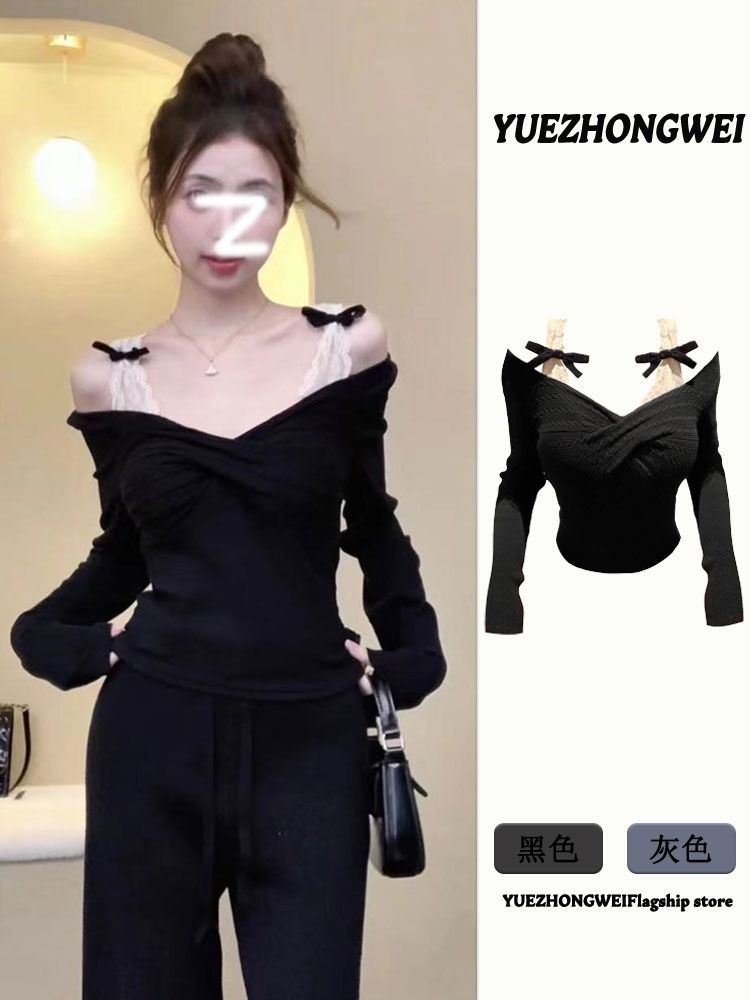 Original method for making black one-shoulder fake two-piece sweater for women in autumn and winter slim fit inner layer beautiful base shirt