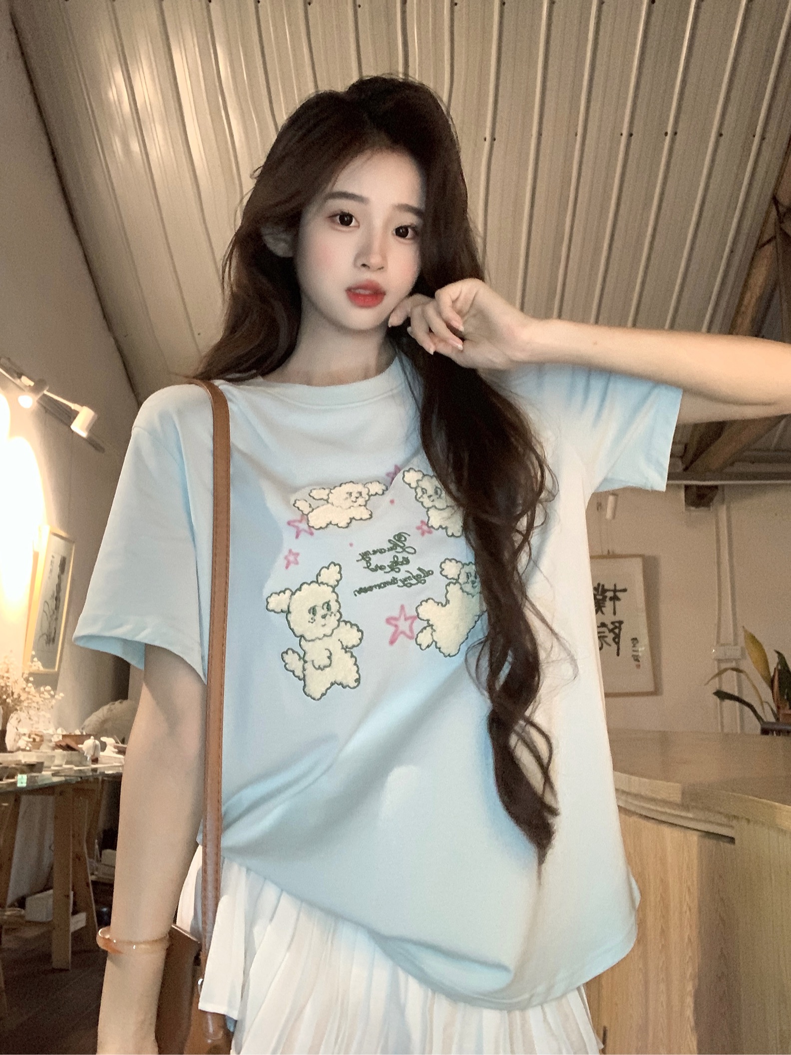 Real shot of 21 pure cotton short-sleeved T-shirt summer 2025 trendy embroidered front shoulder slim short round neck top Korean women's clothing