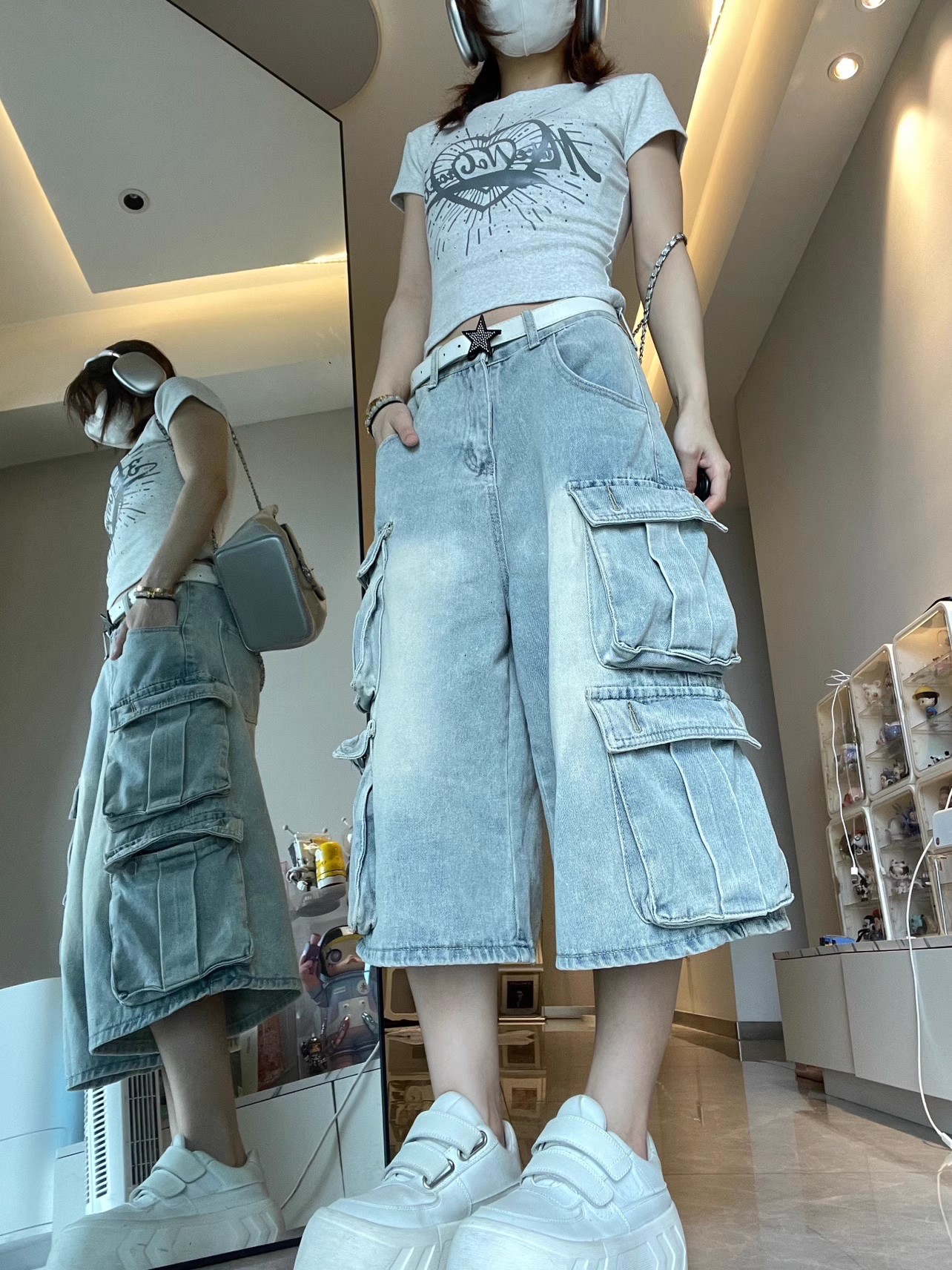 Multi-pocket washing and old five-point denim shorts for women in summer American loose wide-leg work and cropped pants