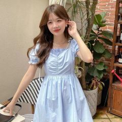 2025 new fake two-piece strap bow dress for women spring sweet square collar waist slim lady skirt